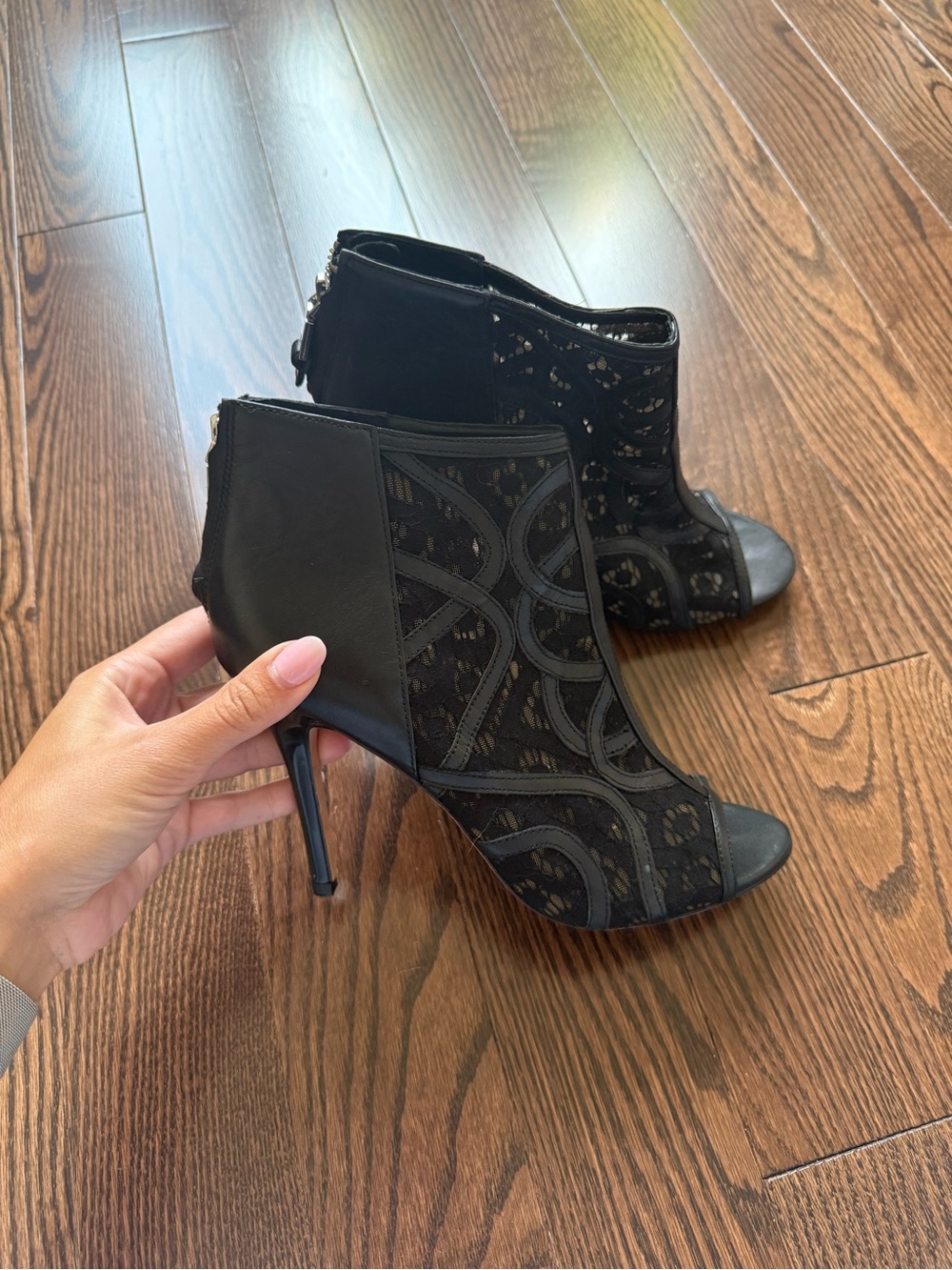 REBECCA MINKOFF LEATHER AND LACE OPEN TOE HEELS - Picture 2 of 9